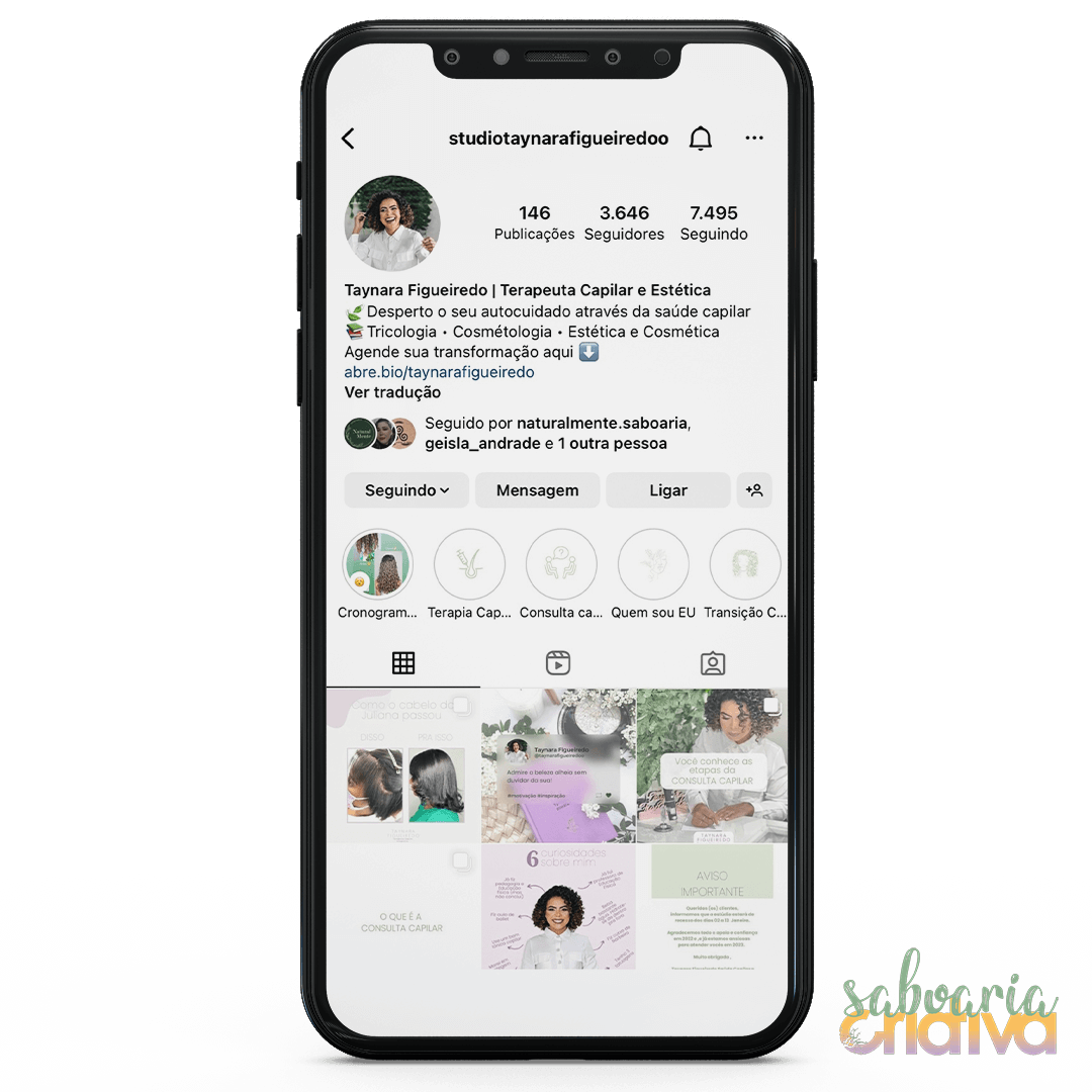 A Taynara é terapeuta capilar e começou a fazer o curso para aprender a produzir produtos para o cabelo, hoje é especialista em cosmetologia.